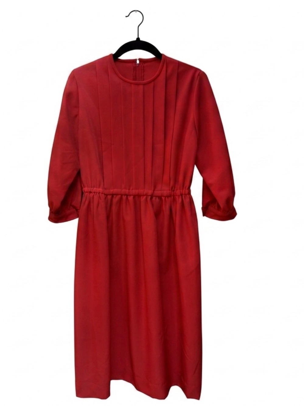 Vintage Orange Red Handmade Pleated Day Dress 3/4 Sleeve Retro Midi Small Medium